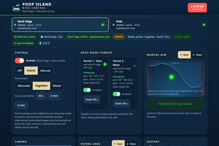 The dashboard on a desktop: unit cards, status chips, control panel, both roof turrets and the manual aim pad with the shoreline limit