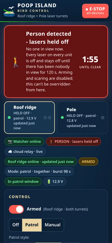 The dashboard on a phone with a red banner: Person detected, lasers held off, 1:55 until clear. Both units show HELD OFF