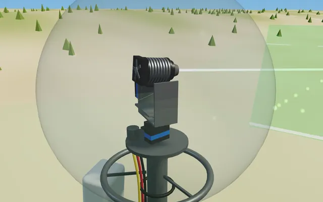 Close-up render of the earlier pole-unit laser head design: a pan-tilt mount under a clear dome