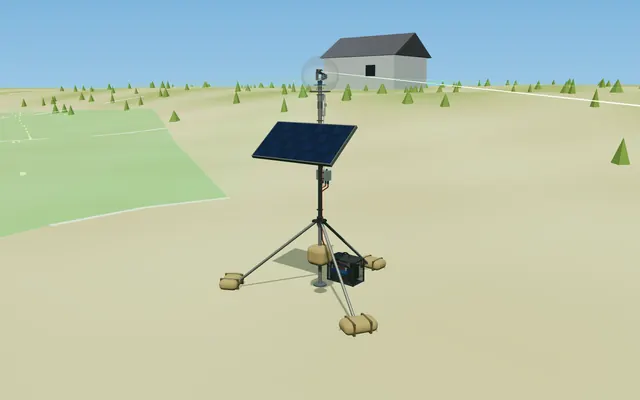 Render of the portable solar pole unit on a tripod base, with its solar panel, battery box and laser head on top