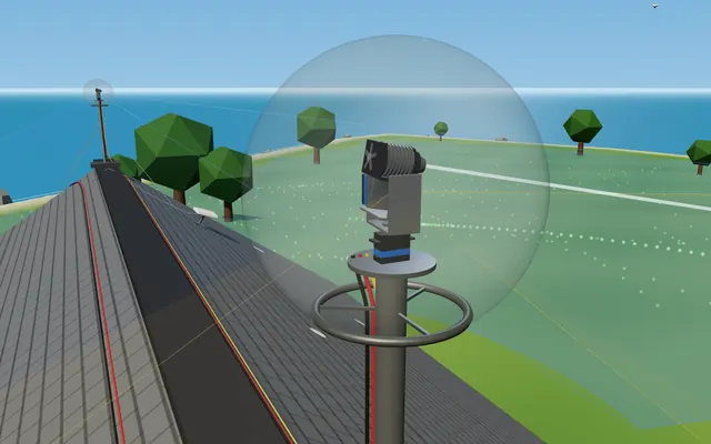 Render of a roof turret on the house ridge: a pan-tilt laser head under a clear protective dome